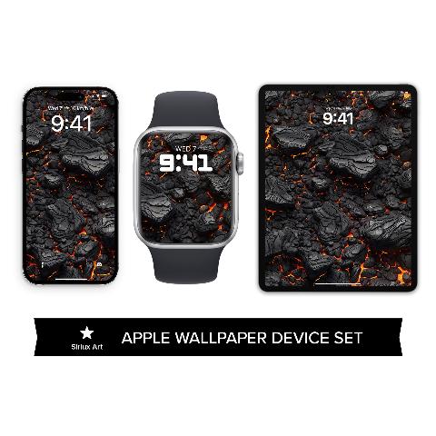 Three Apple devices against a white background: an iPhone on the left, an Apple Watch in the center, and an iPad on the right. All three screens display a wallpaper of dark, textured, cracked lava rocks with bright orange-red glowing magma visible beneath.