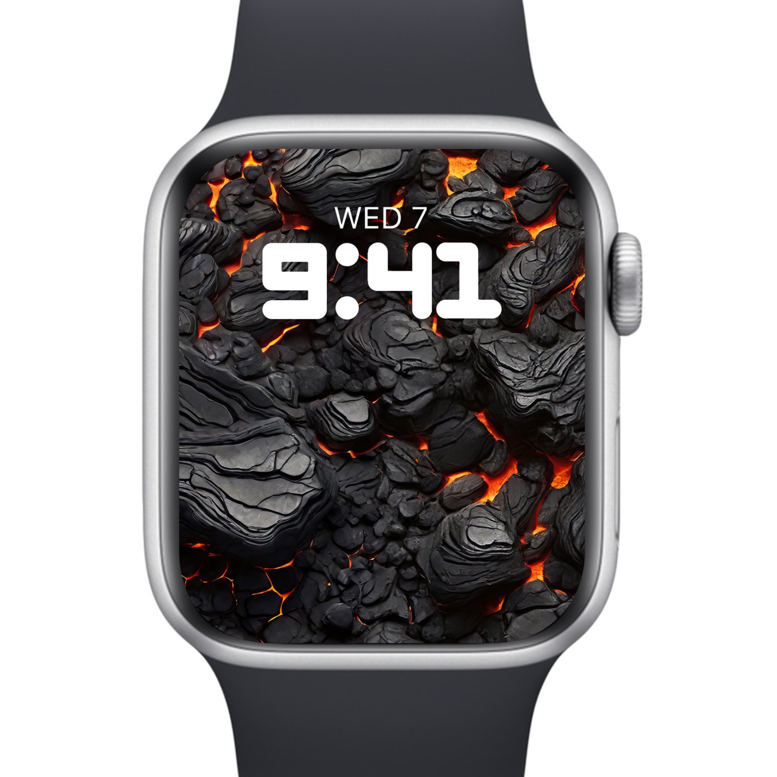 A silver Apple Watch with a dark grey band, displaying a wallpaper of dark, textured, cracked lava rocks with bright orange-red glowing magma beneath.