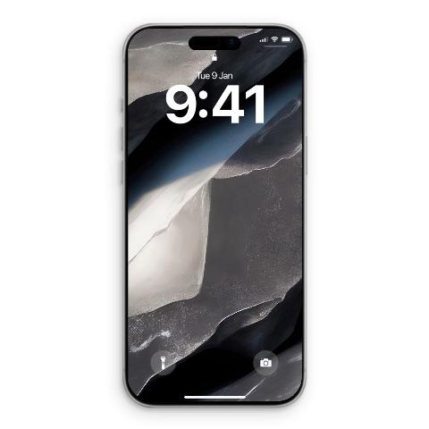 A silver iPhone with a dynamic wallpaper featuring sweeping layers of gunmetal, pale silver, and slate titanium with a subtle blue gradient.
