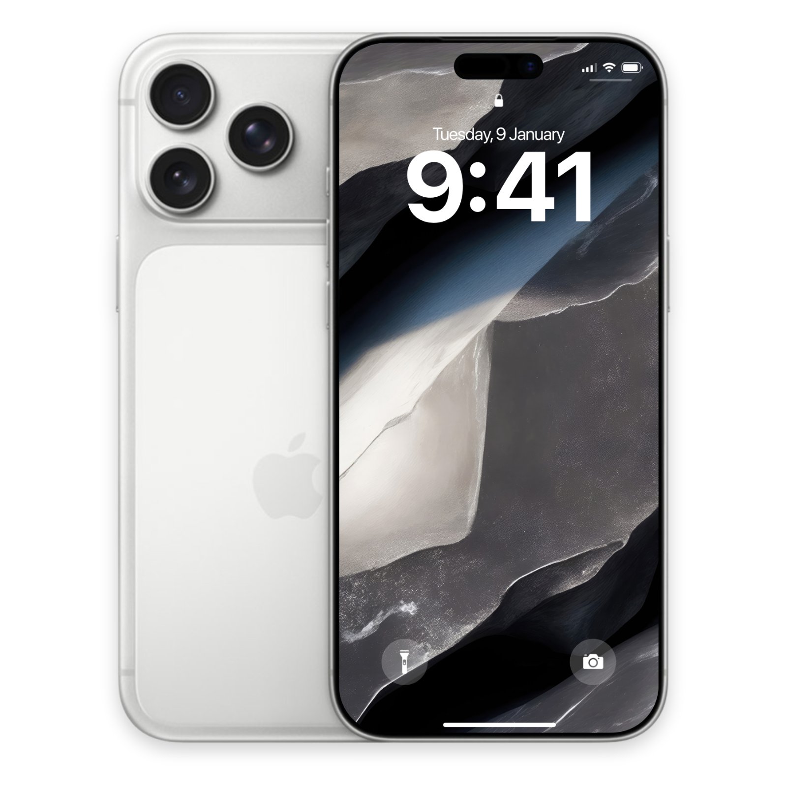 A silver iPhone viewed from the front, displaying the wallpaper, with the back of the phone visible to the left.