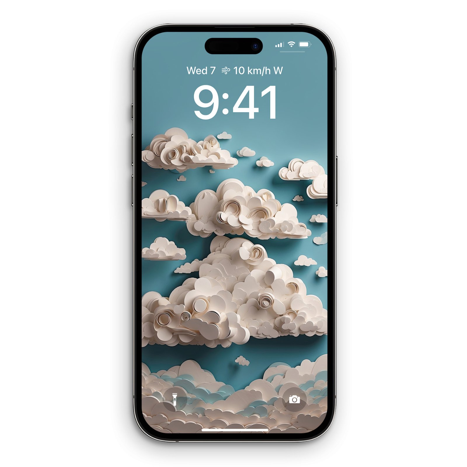 An iPhone 15 Pro Max displaying a wallpaper of three-dimensional paper clouds against a muted teal sky on its lock screen.