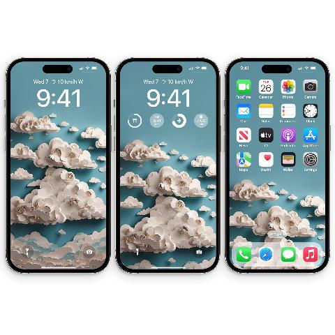Three iPhone 15 Pro Max devices displaying a wallpaper of three-dimensional paper clouds against a muted teal sky, with the left device showing the lock screen, the middle showing the lock screen with widgets, and the right showing the home screen with app icons.
