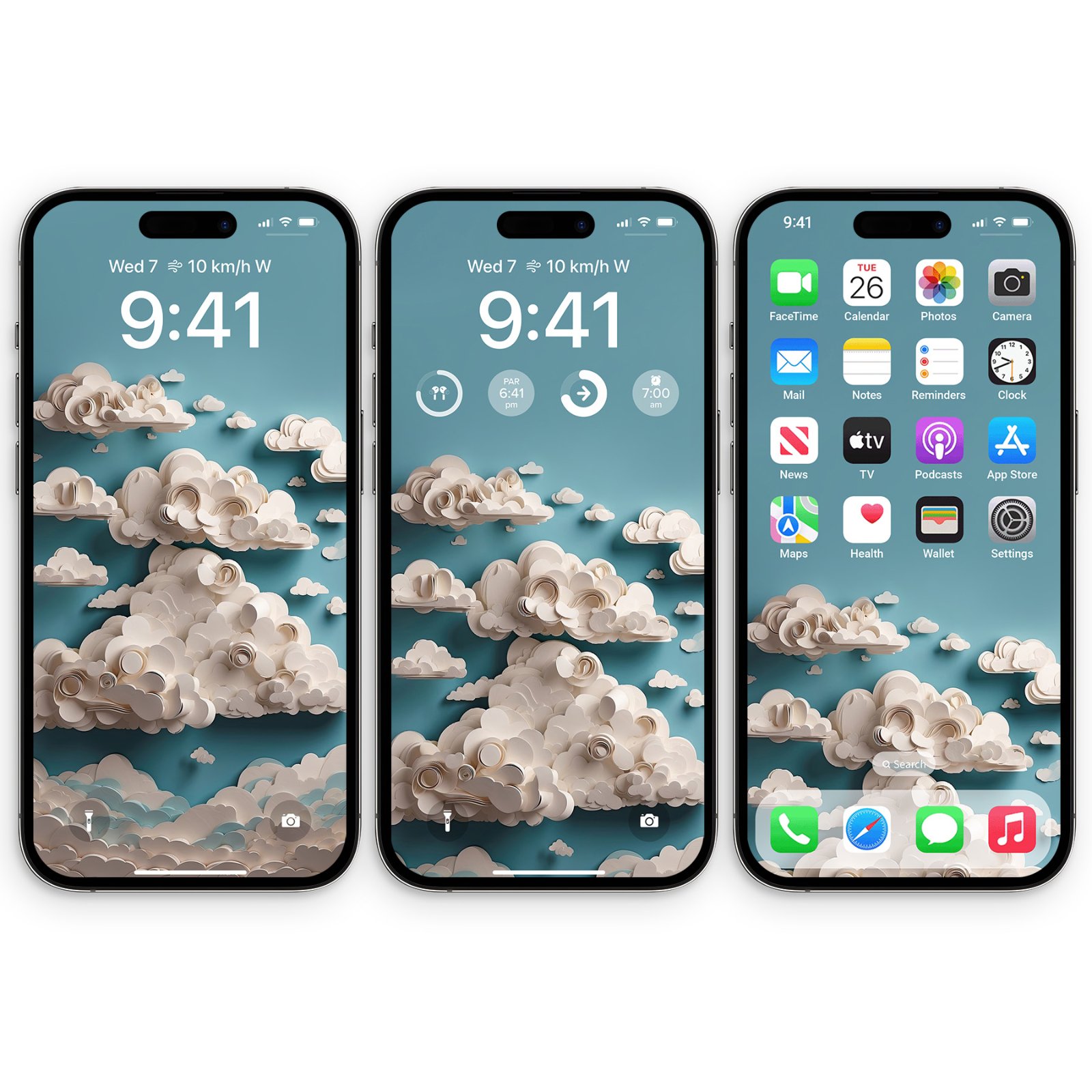 Three iPhone 15 Pro Max devices displaying a wallpaper of three-dimensional paper clouds against a muted teal sky, with the left device showing the lock screen, the middle showing the lock screen with widgets, and the right showing the home screen with app icons.