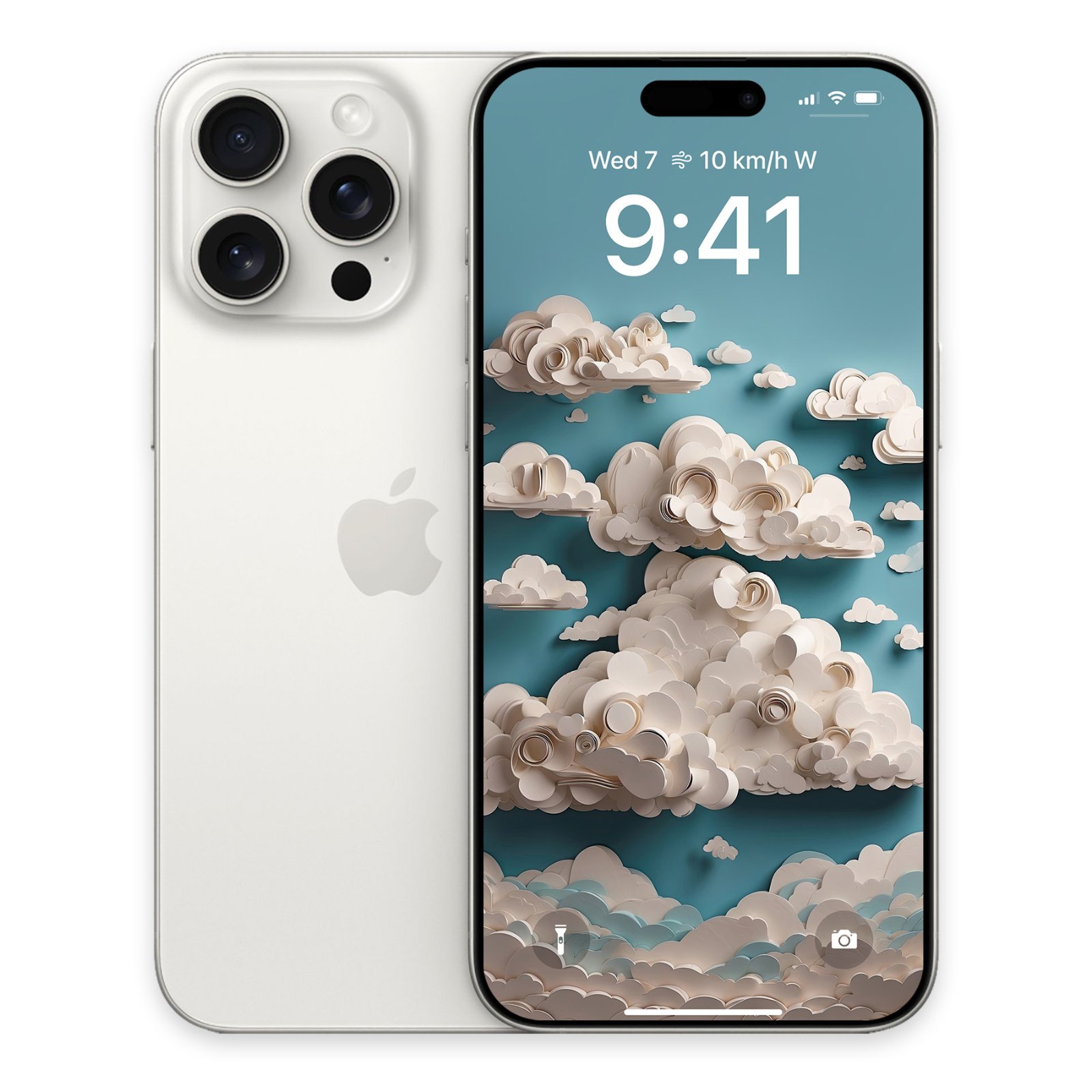 A white iPhone 15 Pro Max with its back facing left and its screen facing right, displaying a wallpaper of three-dimensional paper clouds against a muted teal sky on its lock screen.