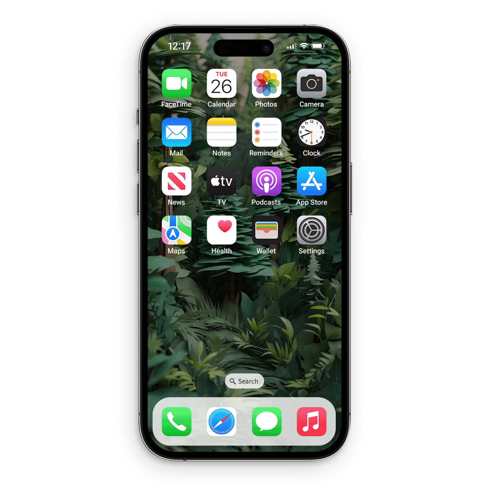 A green forest paper art wallpaper displayed on an iPhone home screen, showing various app icons.