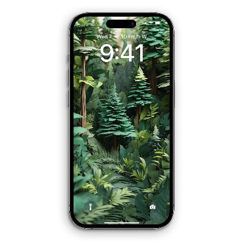 A green forest paper art wallpaper displayed on an iPhone lock screen, showing the time 9:41 and other status icons.