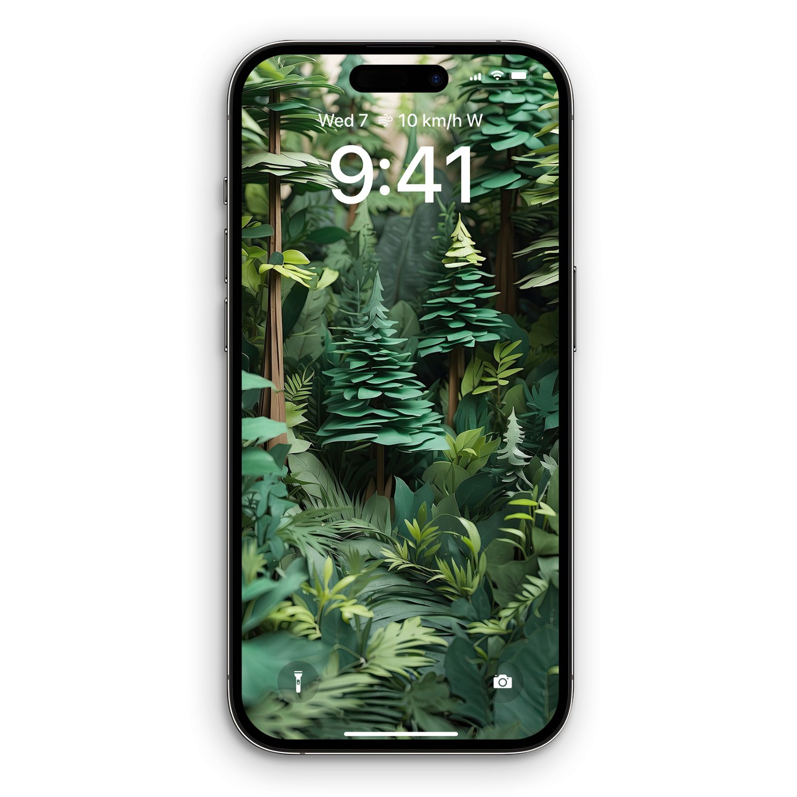 A green forest paper art wallpaper displayed on an iPhone lock screen, showing the time 9:41 and other status icons.