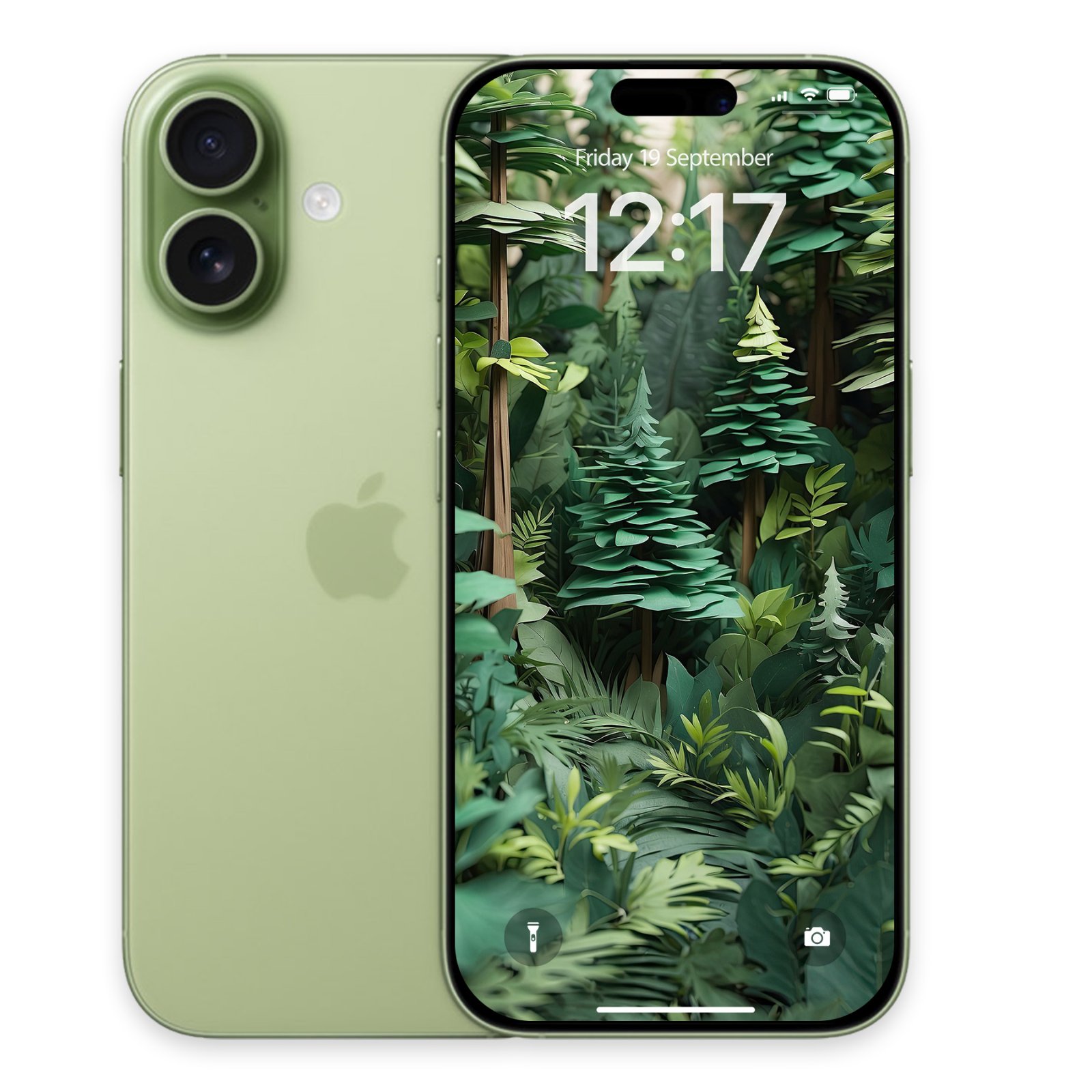 A pale green iPhone with a green forest paper art wallpaper on its lock screen, showing the time 12:17.