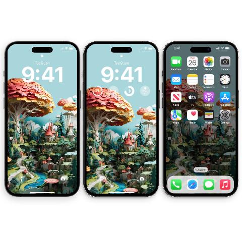 Three iPhone smartphones side by side displaying a paper art wallpaper featuring a cut paper fantasy village with coral roofs, mint trees, and a salmon tree canopy under a powder-blue sky.