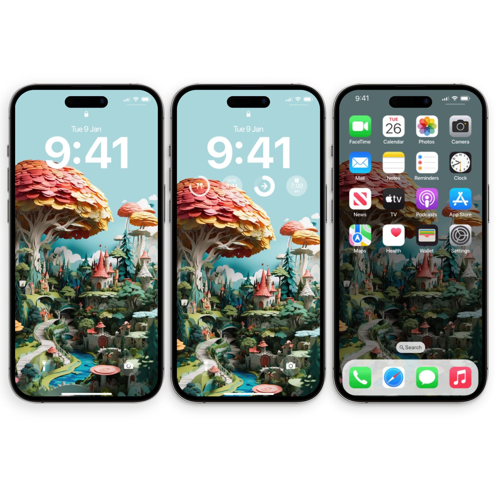 Three iPhone smartphones side by side displaying a paper art wallpaper featuring a cut paper fantasy village with coral roofs, mint trees, and a salmon tree canopy under a powder-blue sky.