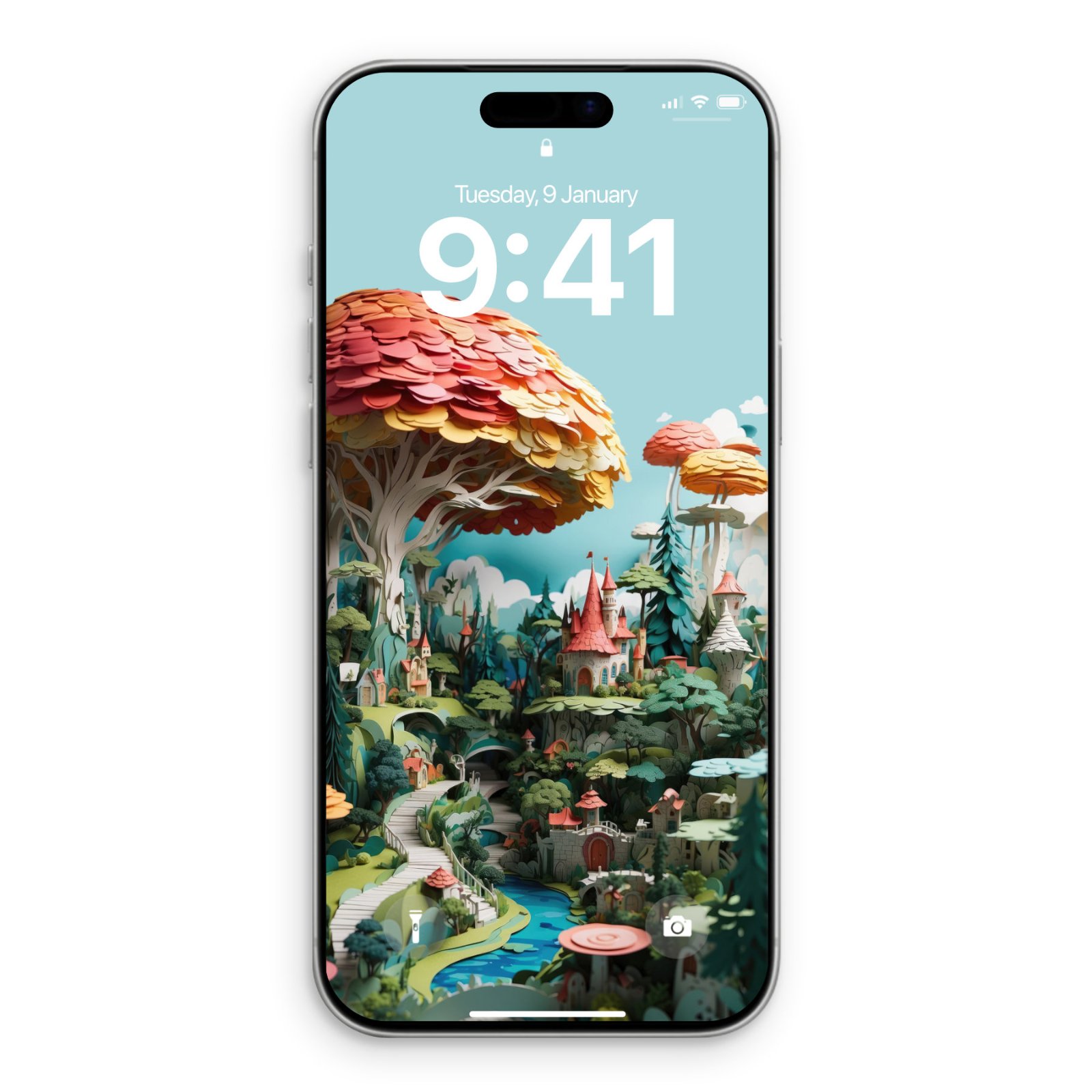 A single silver iPhone showing the cut paper fantasy village wallpaper with stone steps and a teal river on its lock screen.