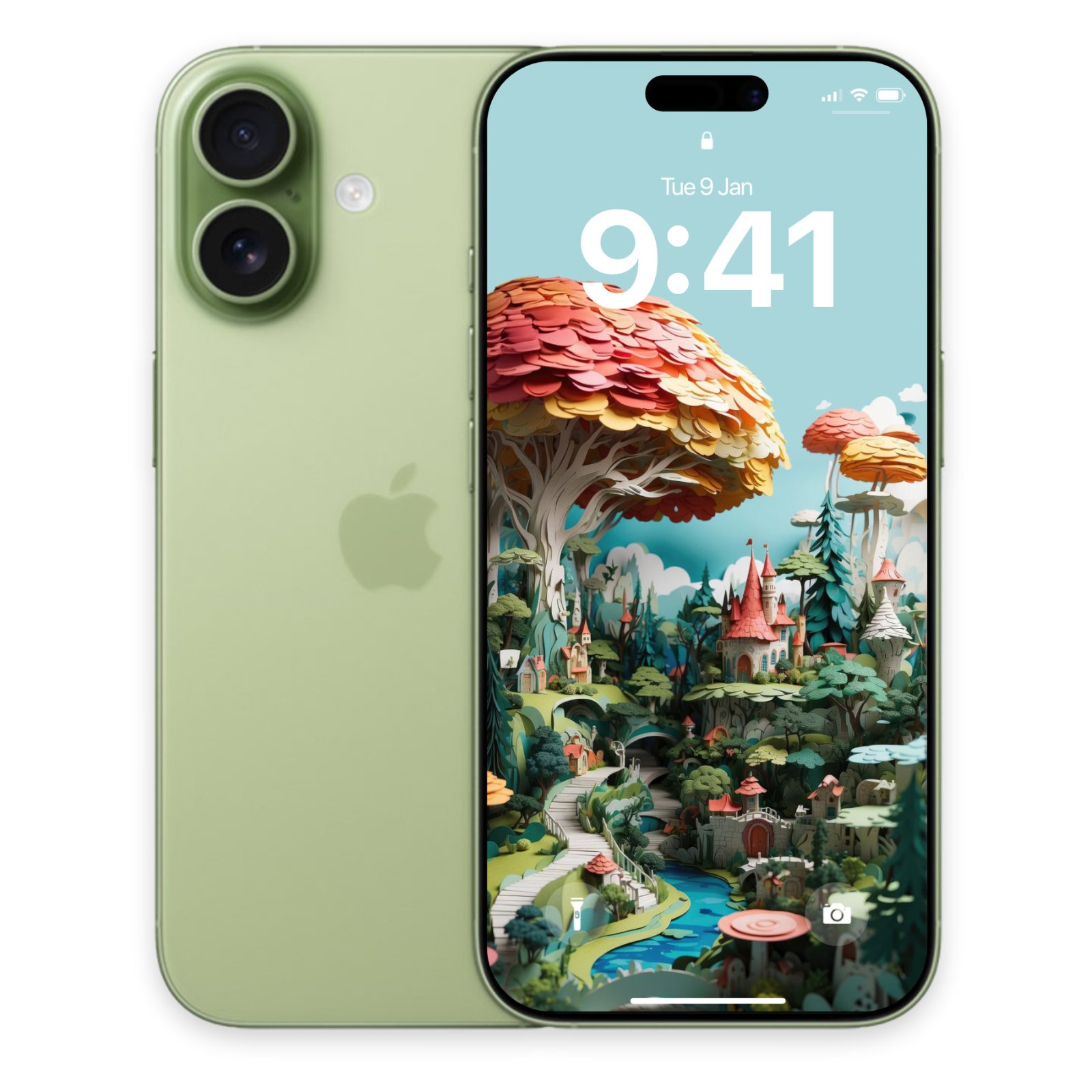 A light green iPhone seen from the back alongside its lock screen displaying a cut paper fantasy village wallpaper.
