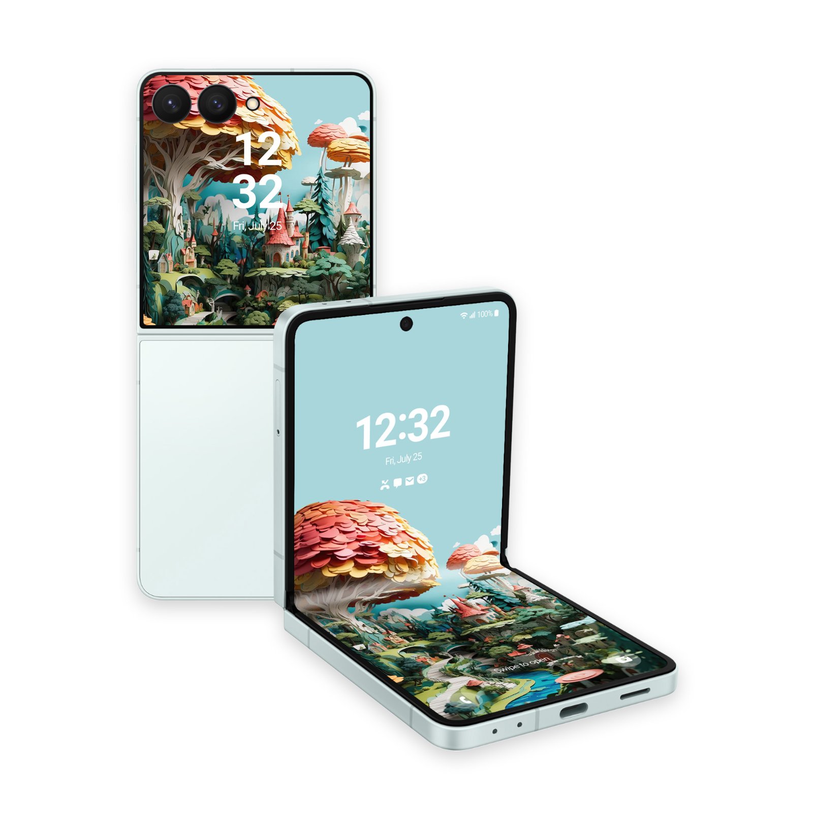 A white Samsung Galaxy Z Flip phone, unfolded, showcasing a detailed paper art scene with tiny castles, green hills, and mushroom trees against a blue sky, alongside another Z Flip phone shown from the back.
