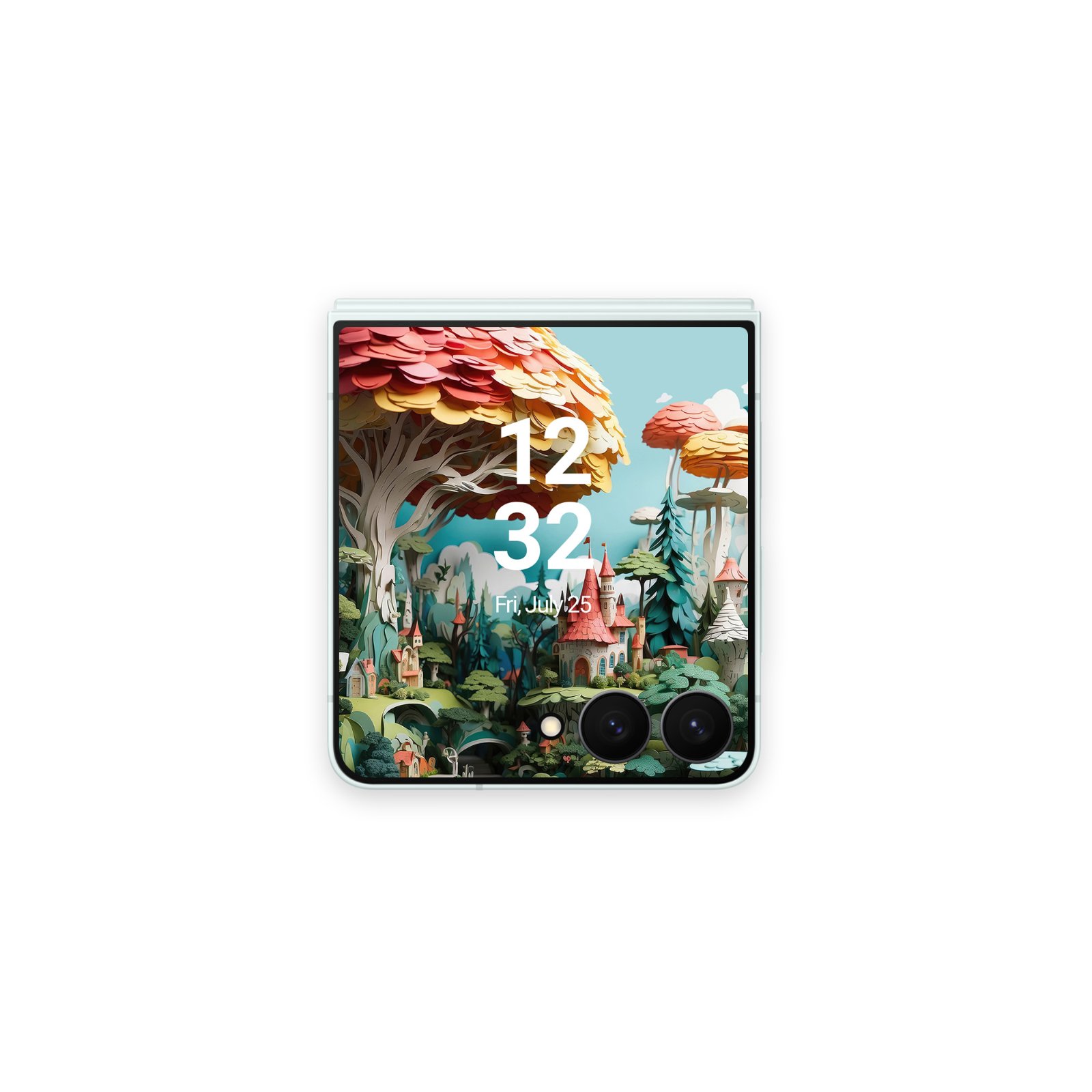 A white Samsung Galaxy Z Flip phone, folded, displaying a paper art scene with mushroom trees and tiny castles on its small outer screen.