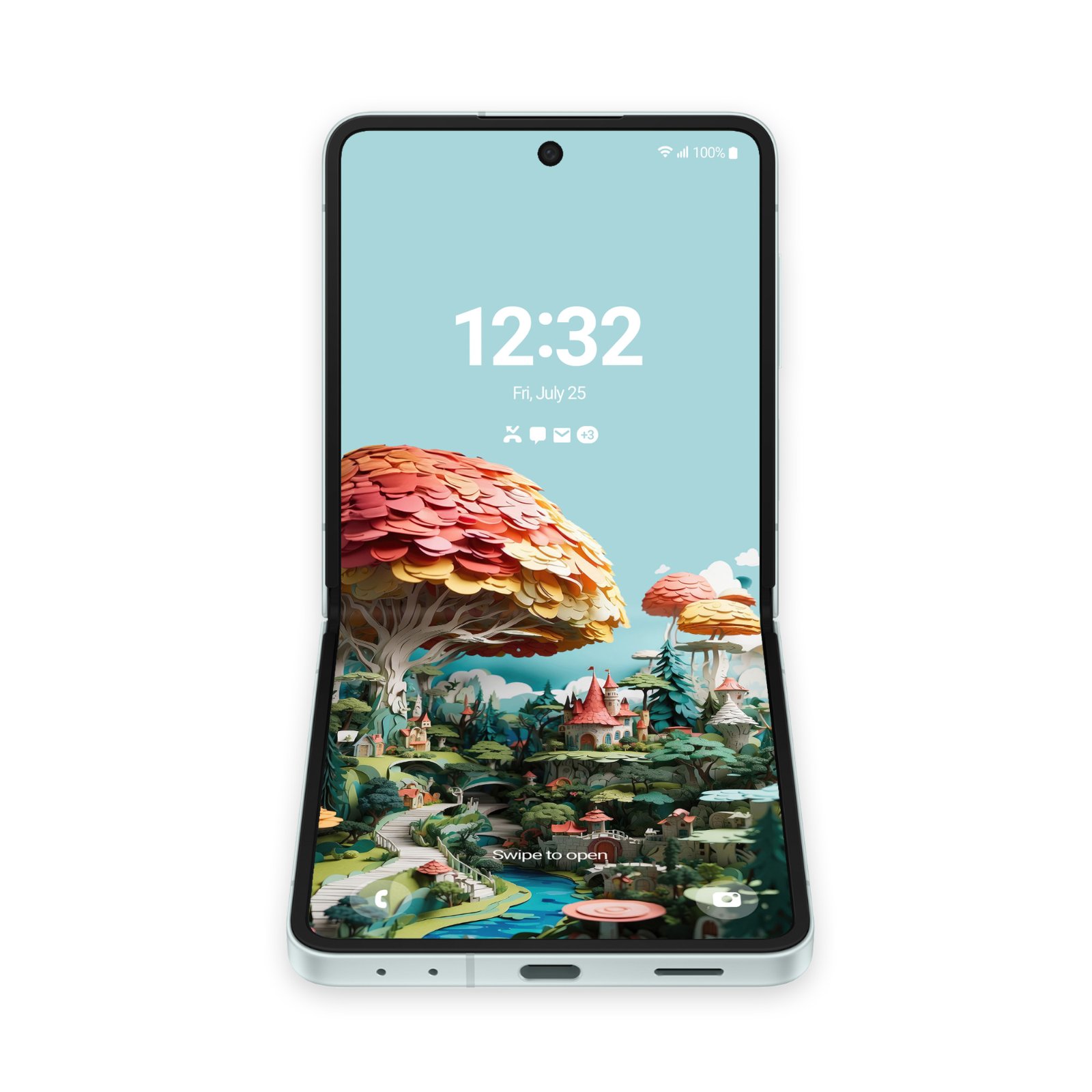 A white Samsung Galaxy Z Flip phone, partially folded, showing a paper art scene with mushroom trees and castles, with turquoise rivers and cobblestone paths visible.