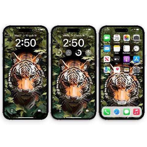 A black iPhone showing a lock screen with a paper art tiger in a jungle of green leaves. The tiger's face is centered under the digital clock, with warm orange and cream stripes.