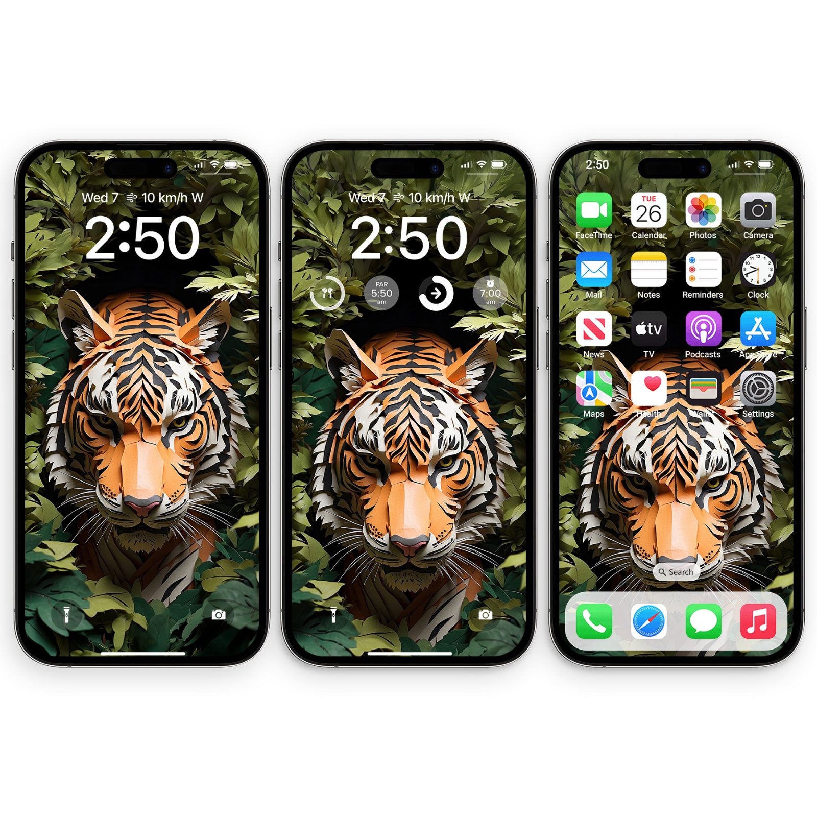 A black iPhone showing a lock screen with a paper art tiger in a jungle of green leaves. The tiger's face is centered under the digital clock, with warm orange and cream stripes.