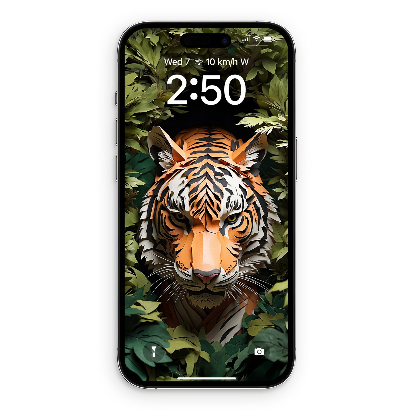 A black iPhone displaying a lock screen with a paper art tiger, framed by green foliage, centered under a digital clock and notification icons.