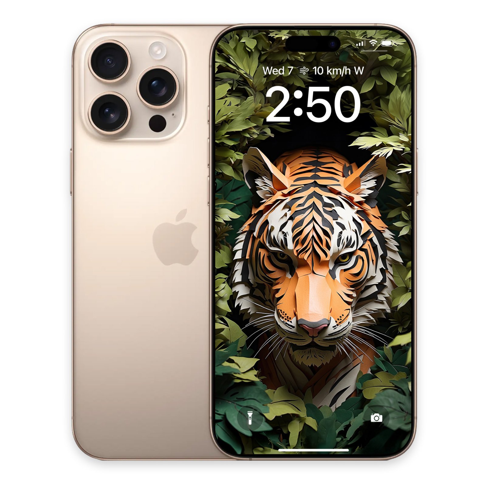 A gold iPhone 15 Pro Max with a paper art tiger wallpaper on its screen, framed by green leaves under a digital clock.