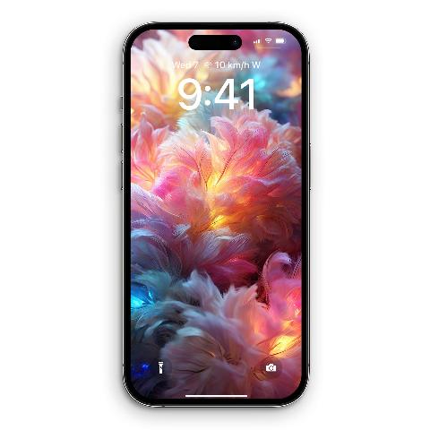 A smartphone lock screen showing a detailed, close-up image of glowing feather plumes in shades of coral pink, yellow light, soft cyan, and violet.
