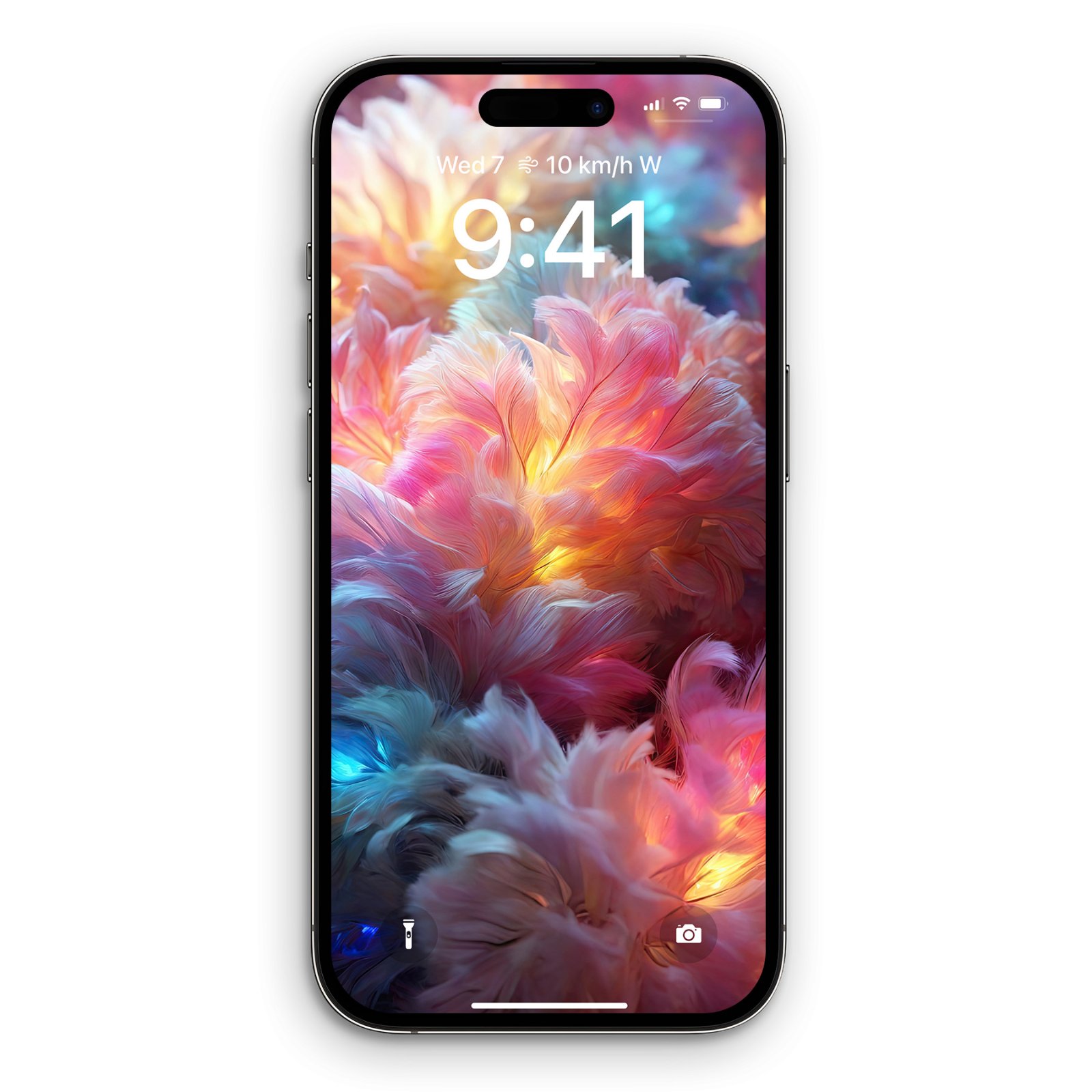 A smartphone lock screen showing a detailed, close-up image of glowing feather plumes in shades of coral pink, yellow light, soft cyan, and violet.