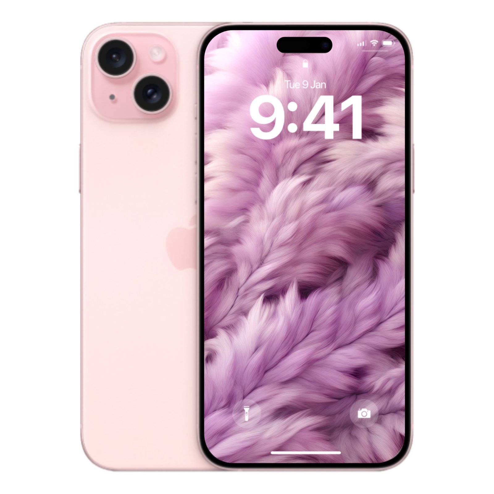 A pink iPhone 15 with a fluffy lavender and pale violet textured wallpaper on its lock screen, displaying the time 9:41 and date Tue 9 Jan.