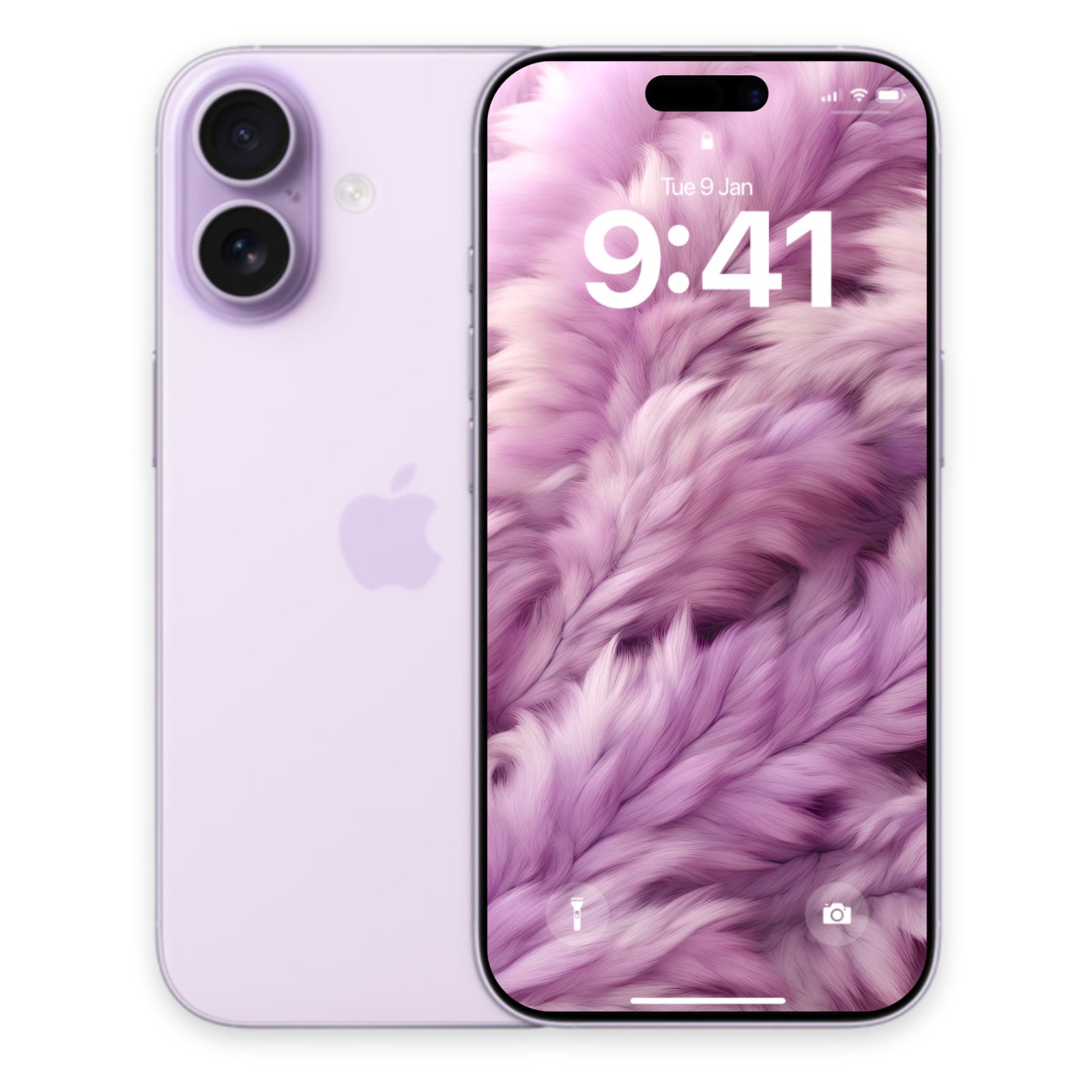 A purple iPhone 14 with a fluffy lavender and pale violet textured wallpaper on its lock screen, displaying the time 9:41 and date Tue 9 Jan.