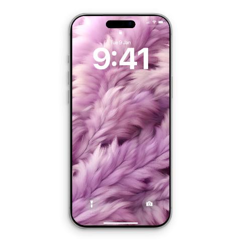 A silver iPhone 17 Pro Max displays a lock screen with a fluffy lavender and pale violet textured wallpaper, showing the time 9:41 and date Tue 9 Jan.
