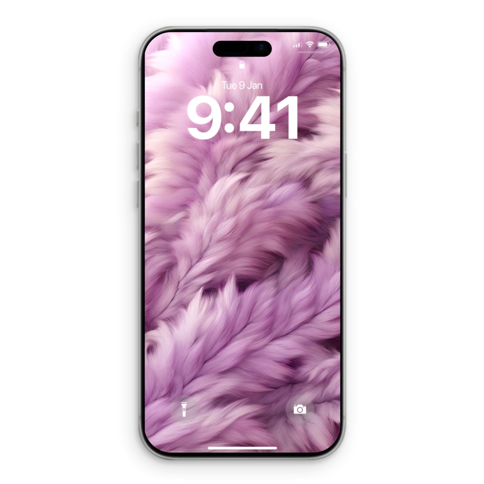 A silver iPhone 17 Pro Max displays a lock screen with a fluffy lavender and pale violet textured wallpaper, showing the time 9:41 and date Tue 9 Jan.