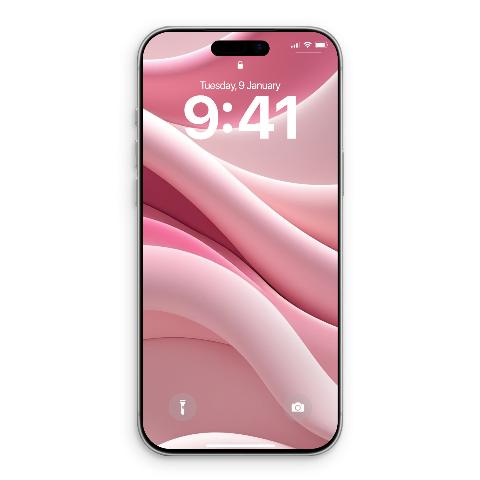 A silver iPhone displaying a lock screen wallpaper of flowing, soft pink fabric folds.