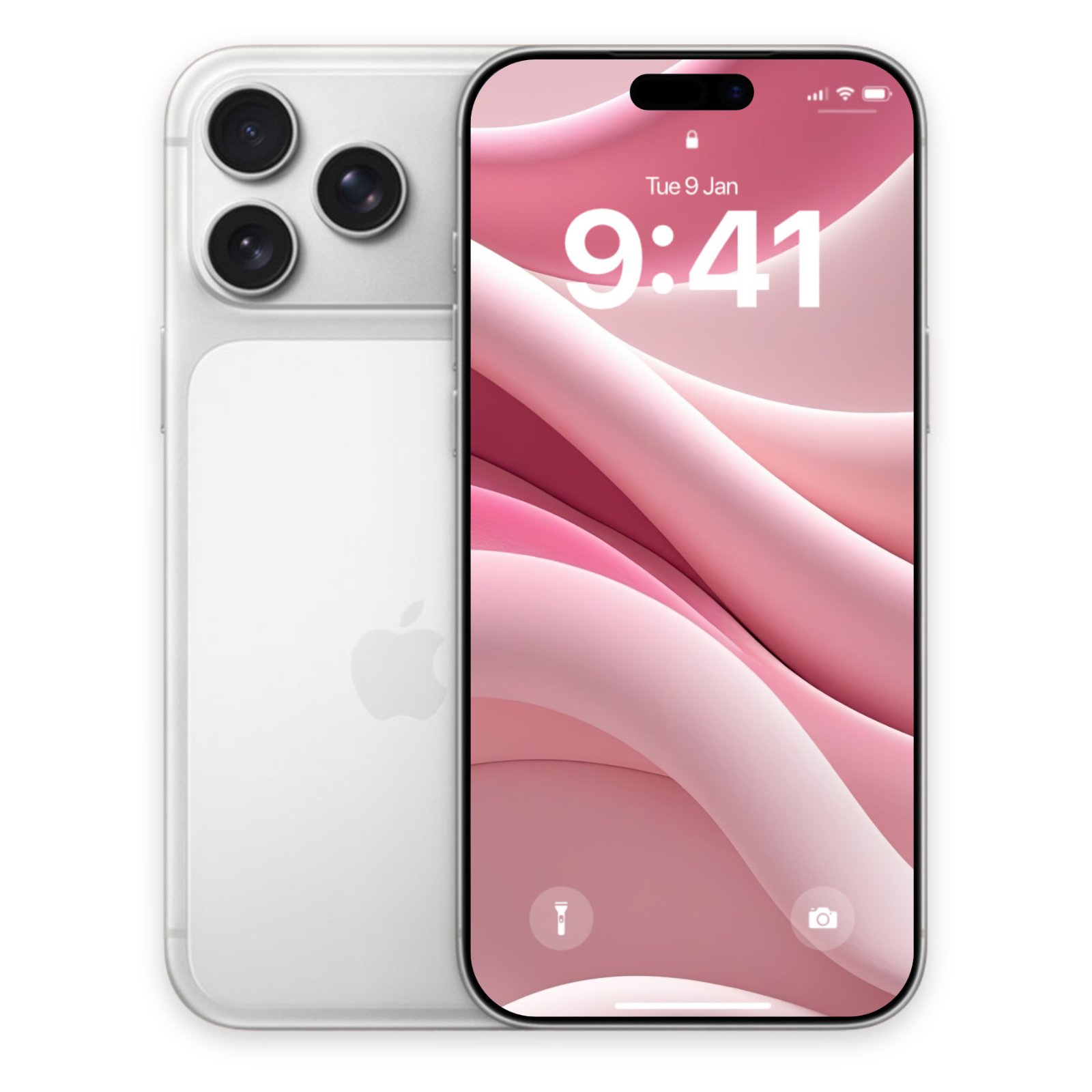 A white iPhone with three cameras on its back, displaying a lock screen wallpaper of flowing, soft pink fabric folds.