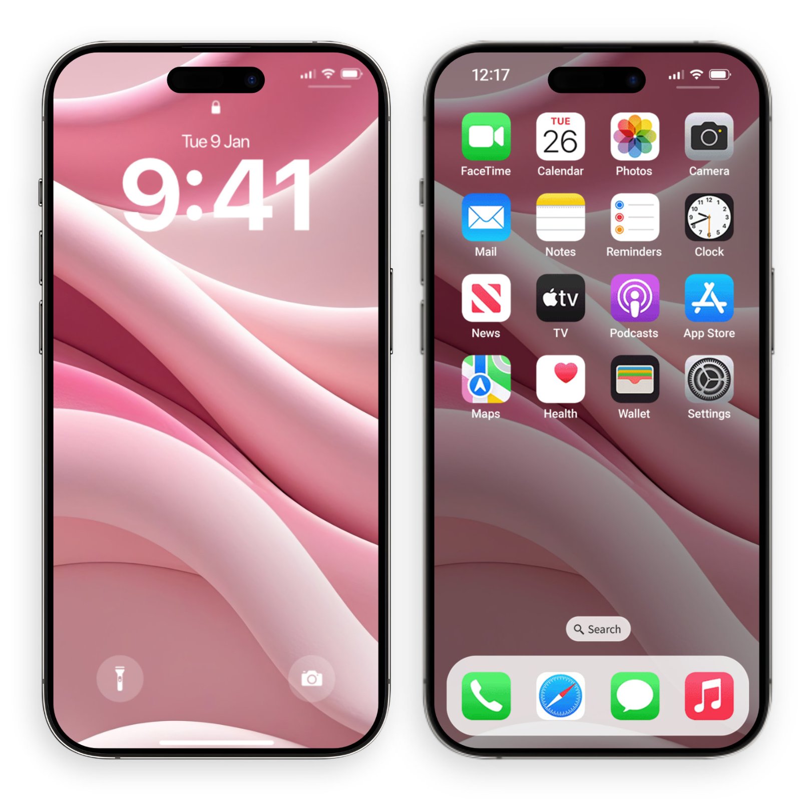 A silver iPhone displaying both a lock screen and home screen wallpaper of flowing, soft pink fabric folds.