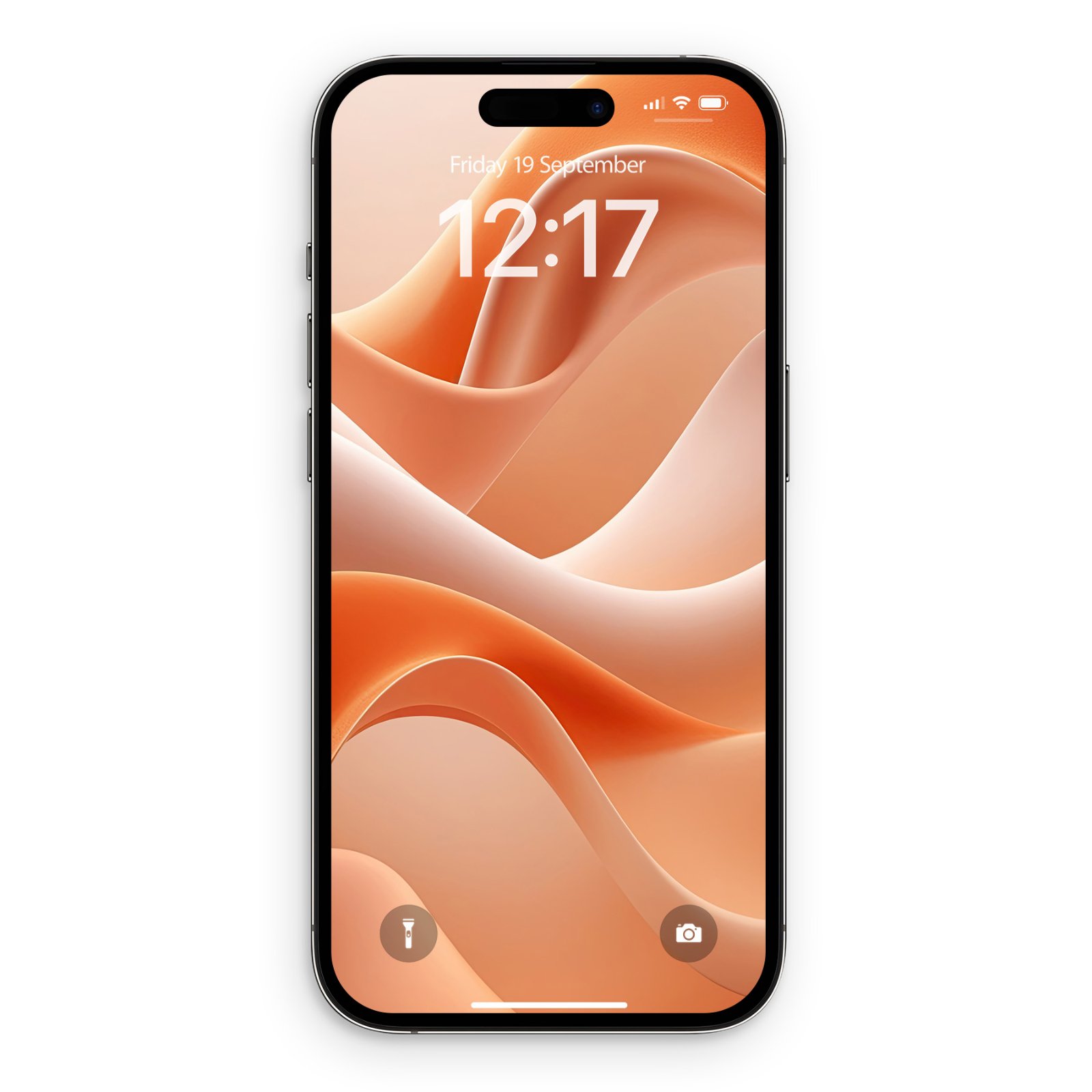 An iPhone with a lock screen displaying a wallpaper of flowing, organic shapes in shades of peach, orange, and light brown. The shapes appear soft and fabric-like, with subtle gradients and shadows giving them depth.