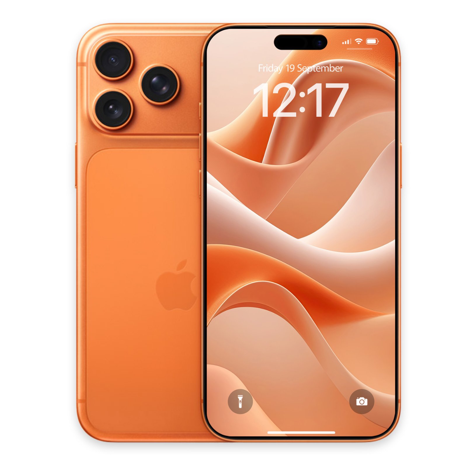 An orange iPhone showing the lock screen wallpaper of flowing, organic peach and orange fabric-like shapes, with the back of the phone also visible.