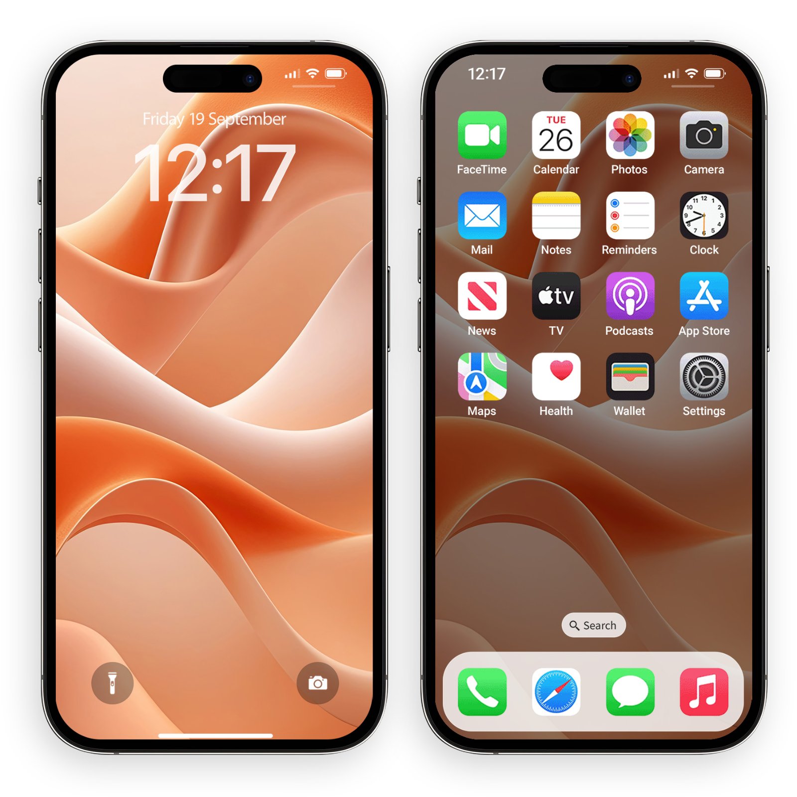 Two iPhones side by side, both displaying the wallpaper of flowing, organic peach and orange fabric-like shapes. The left phone shows the lock screen, and the right phone shows the home screen with app icons over the wallpaper.