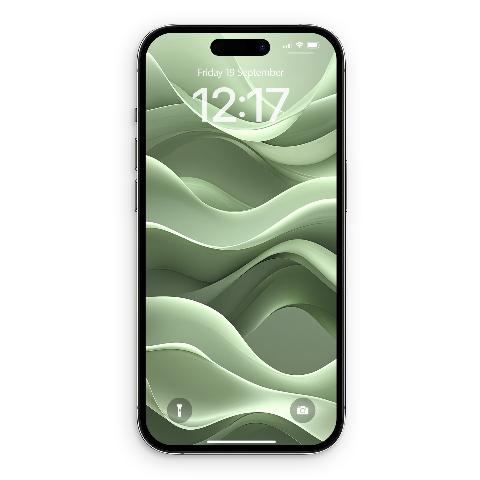 iPhone 17 Pro Max in space black featuring a sage green wallpaper with layered, flowing fabric-like shapes.