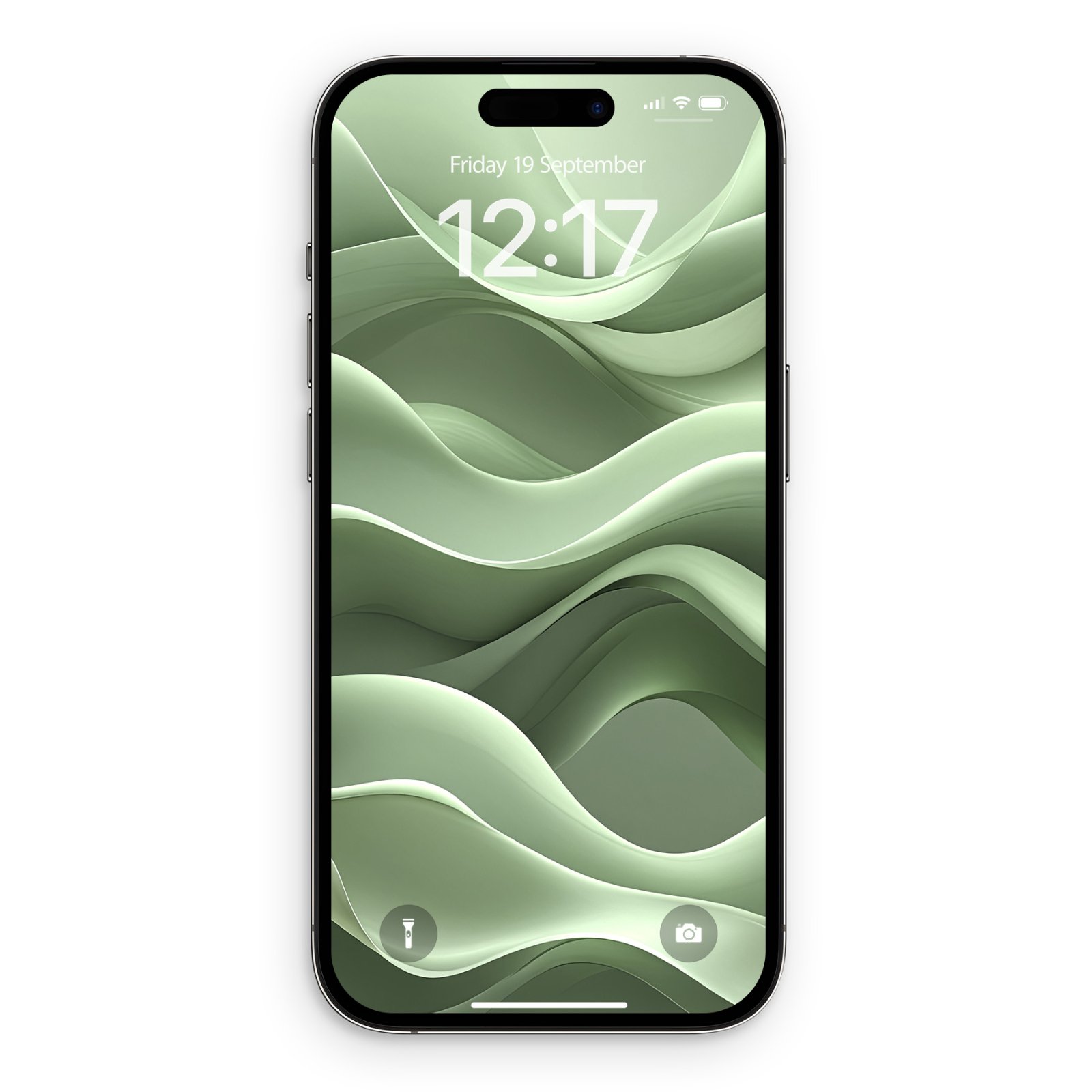 iPhone 17 Pro Max in space black featuring a sage green wallpaper with layered, flowing fabric-like shapes.