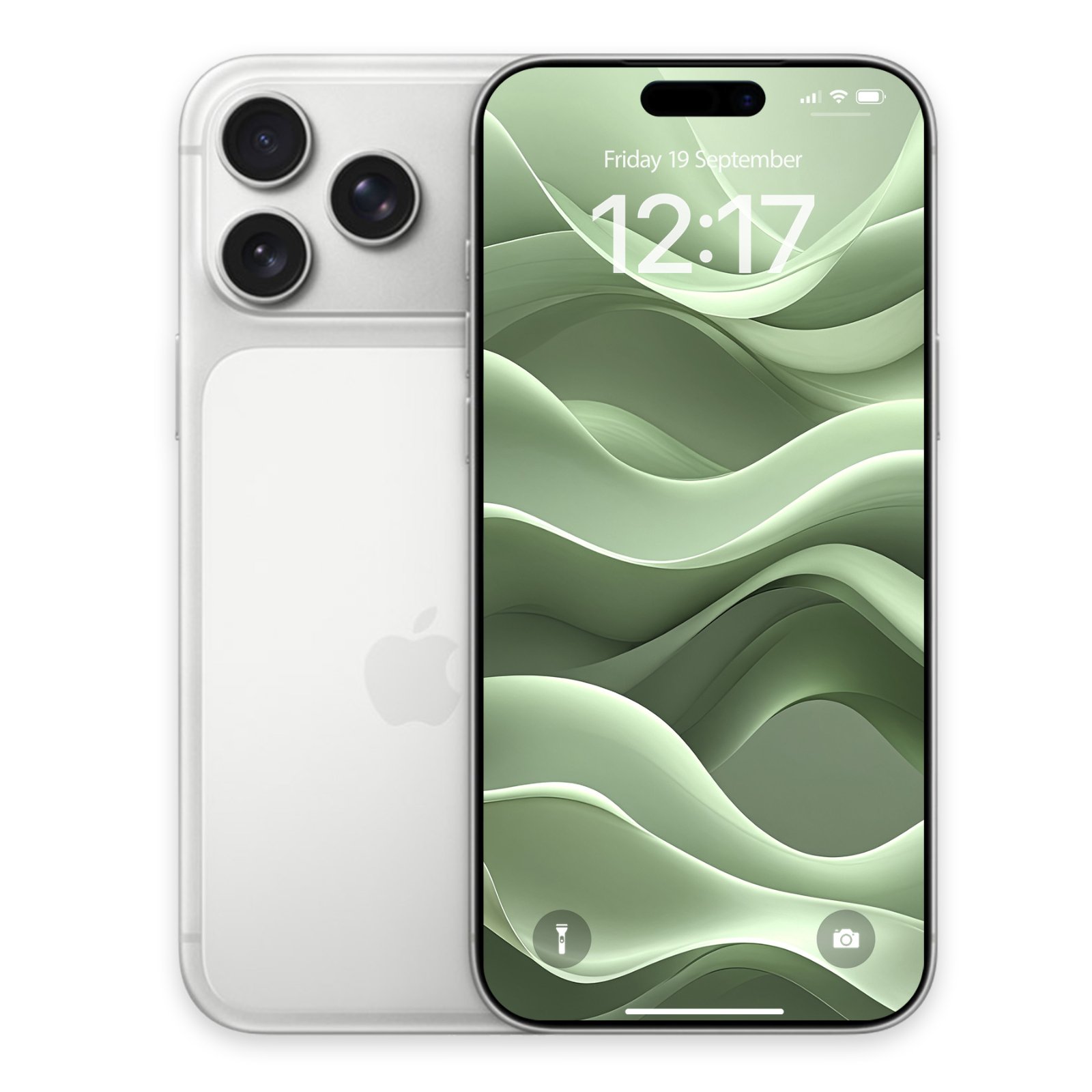 Silver iPhone 17 Pro Max with a sage green wallpaper displaying layered, flowing fabric-like shapes.