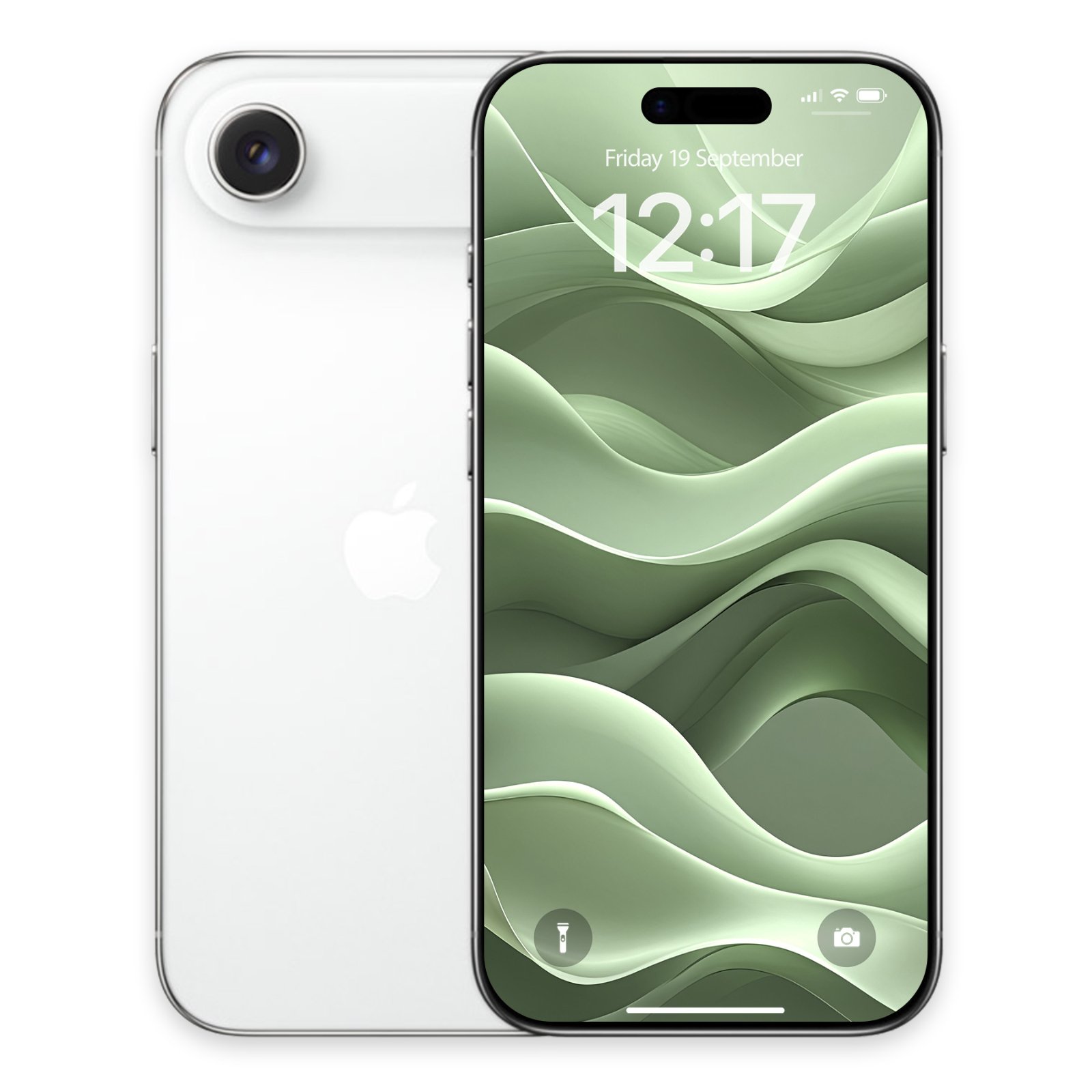 White iPhone SE with a sage green wallpaper displaying layered, flowing fabric-like shapes.