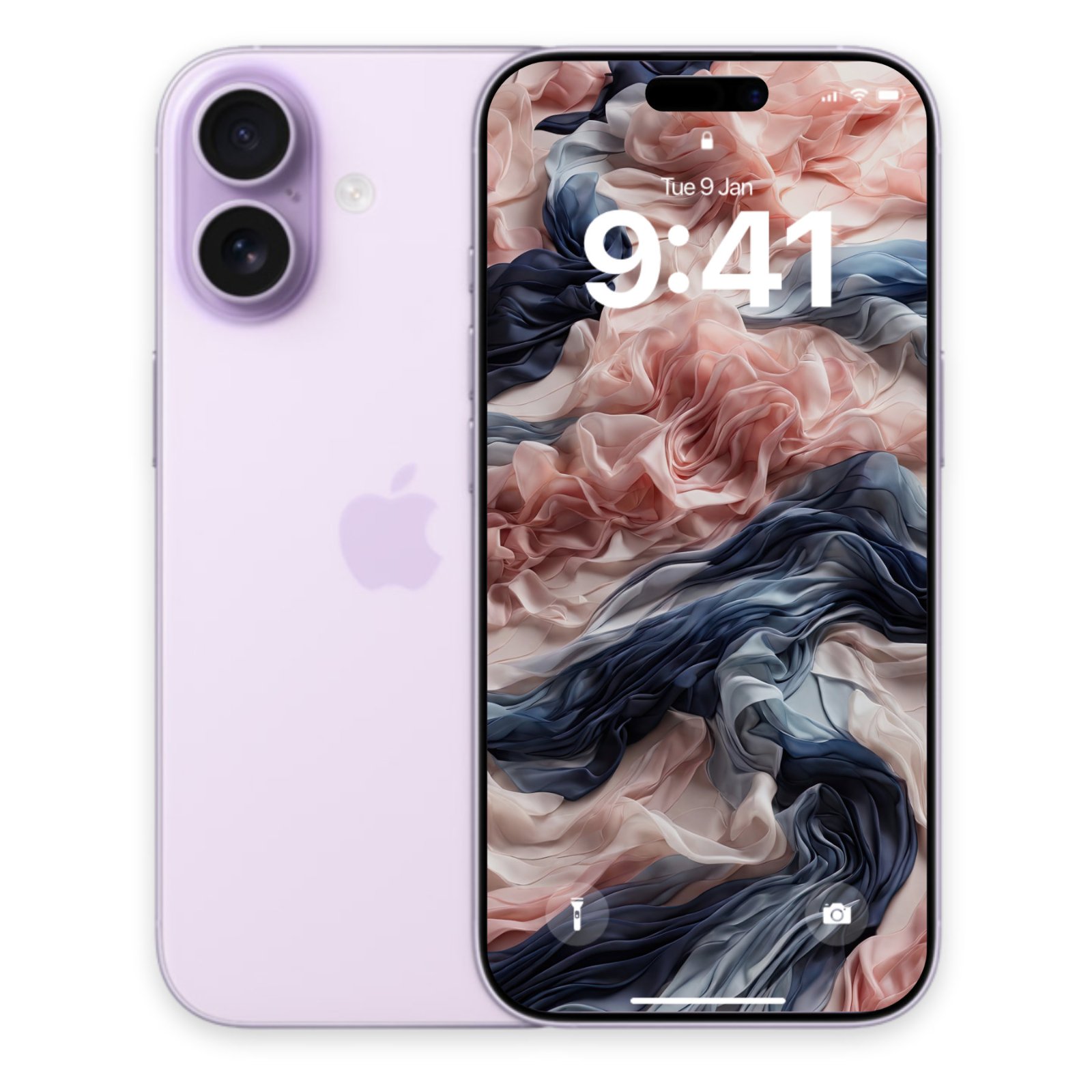 A lavender iPhone with its back facing forward, alongside an iPhone 15 Pro Max displaying a wallpaper of undulating sheer fabric in dusty rose, muted coral, and deep slate blue.
