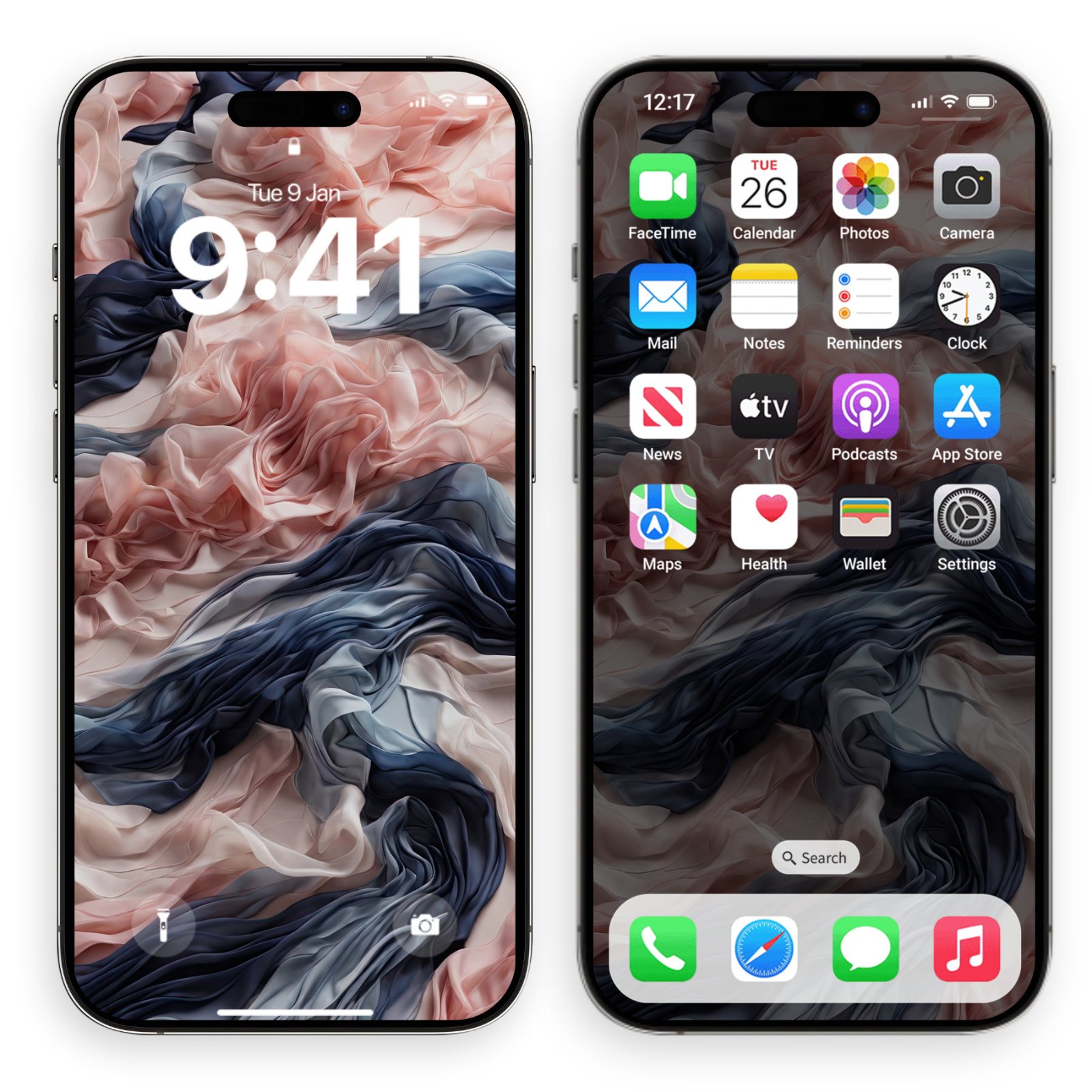 An iPhone lock screen and home screen display a wallpaper of undulating layers of sheer fabric in dusty rose, muted coral, and deep slate blue.