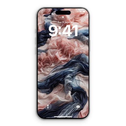 An iPhone lock screen displays a wallpaper of undulating layers of sheer fabric in dusty rose, muted coral, and deep slate blue.