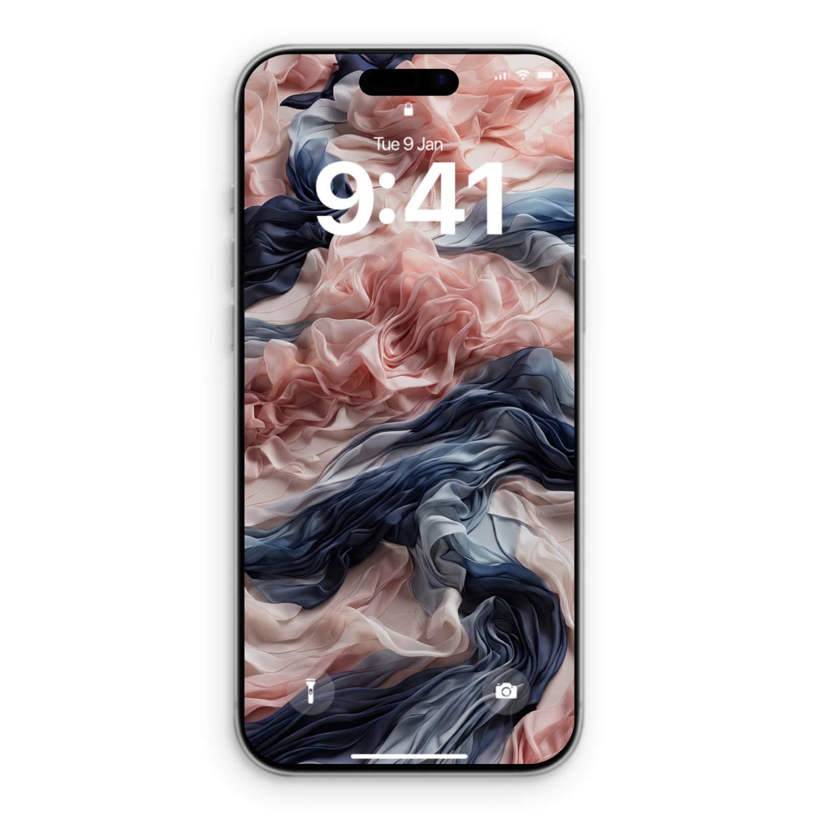An iPhone lock screen displays a wallpaper of undulating layers of sheer fabric in dusty rose, muted coral, and deep slate blue.
