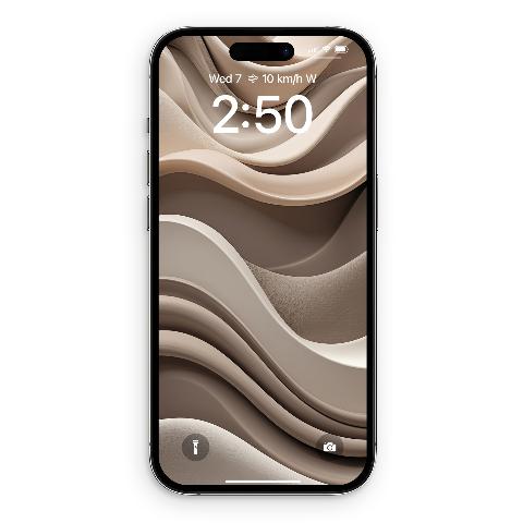Smartphone lock screen displaying an abstract 3D artwork featuring sweeping, layered waves of beige and taupe textured fabric with soft shadows.
