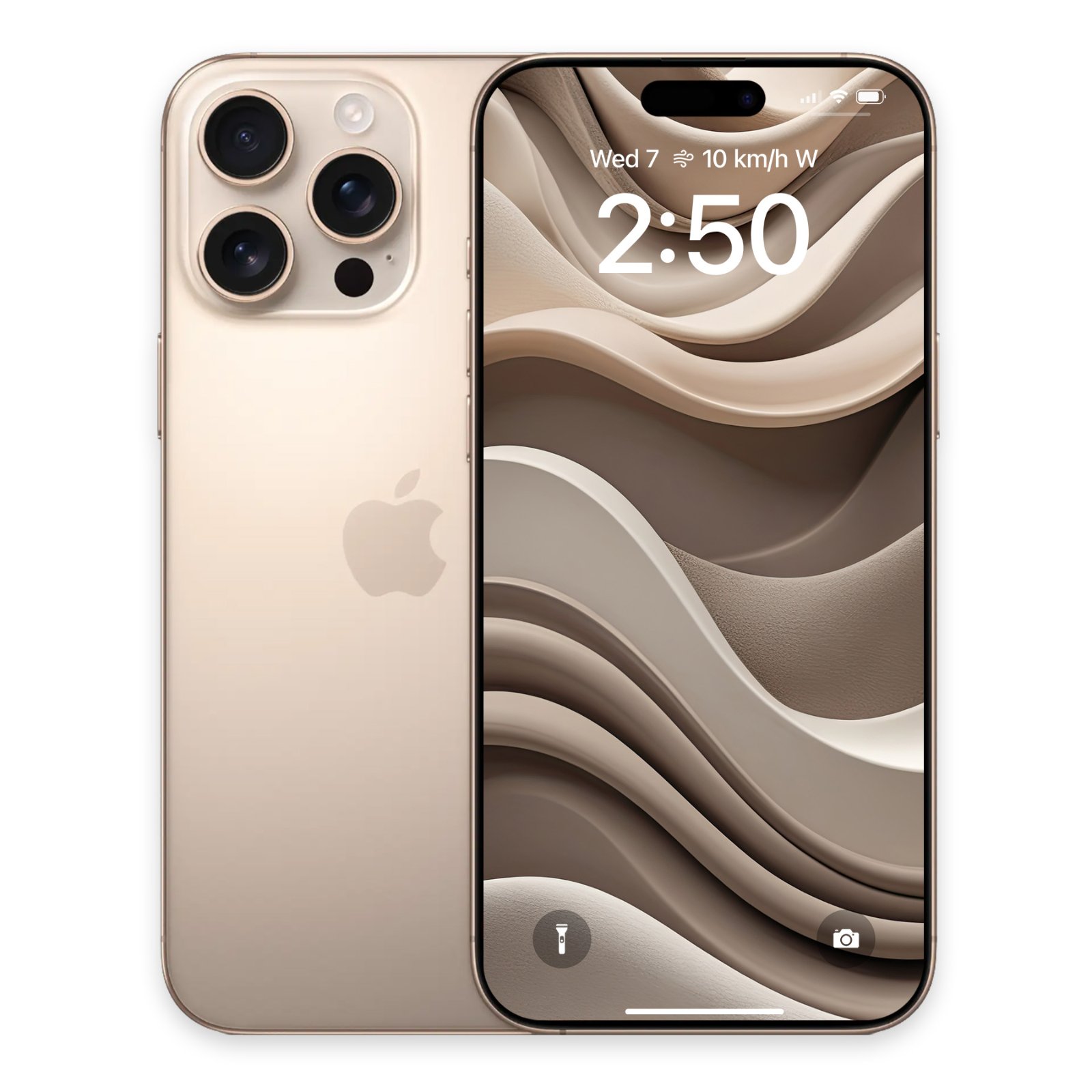 Gold smartphone back paired with the front display showing layered beige textile wave artwork.