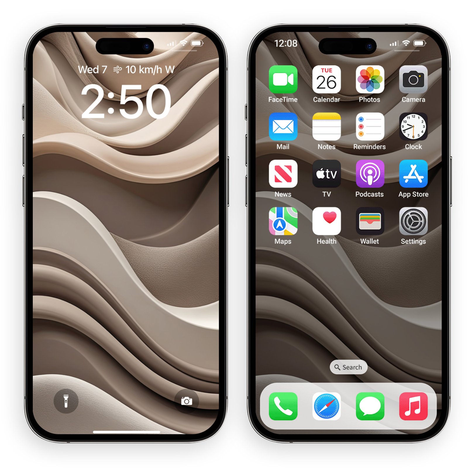 Two smartphones displaying the beige fabric wave background on a lock screen and a home screen with app icons.