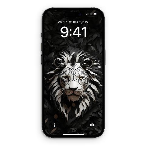 A white iPhone displaying a wallpaper of a white lion's head in a paper art style, with a dark, leafy background.