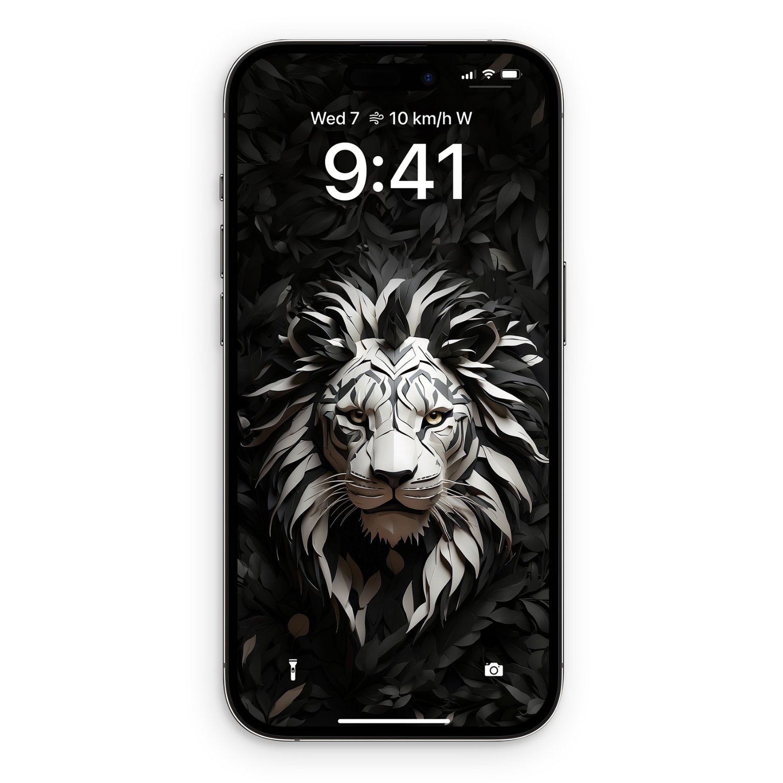 A white iPhone displaying a wallpaper of a white lion's head in a paper art style, with a dark, leafy background.