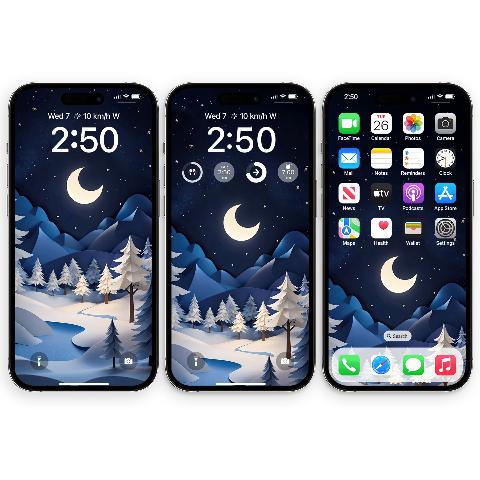 Three iPhone 15 Pro mockups displaying the Winter Moonlight Paper Art Wallpaper. The left iPhone shows the lock screen with time 2:50, the middle iPhone shows the lock screen with widgets, and the right iPhone shows the home screen with app icons.