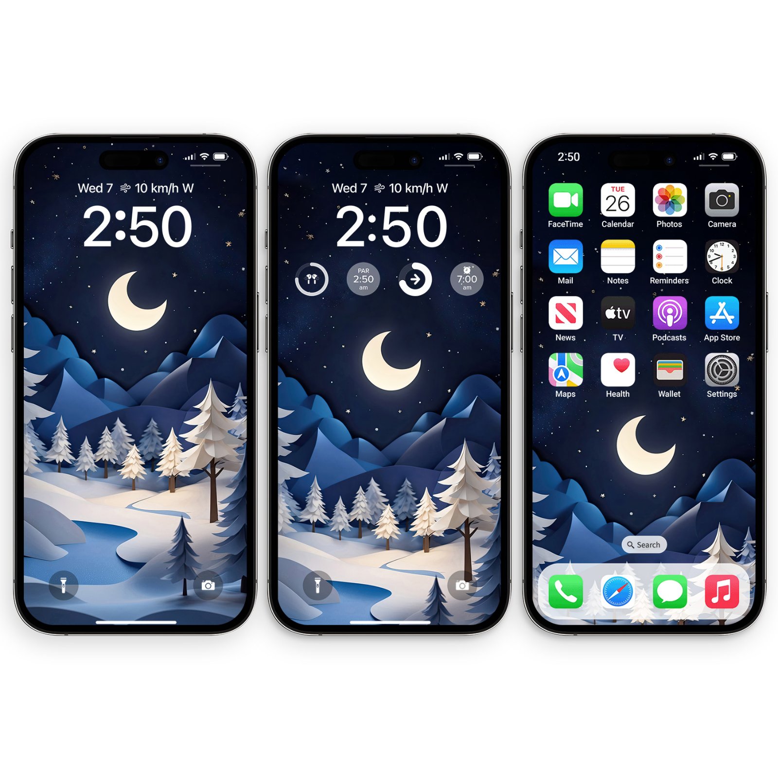 Three iPhone 15 Pro mockups displaying the Winter Moonlight Paper Art Wallpaper. The left iPhone shows the lock screen with time 2:50, the middle iPhone shows the lock screen with widgets, and the right iPhone shows the home screen with app icons.